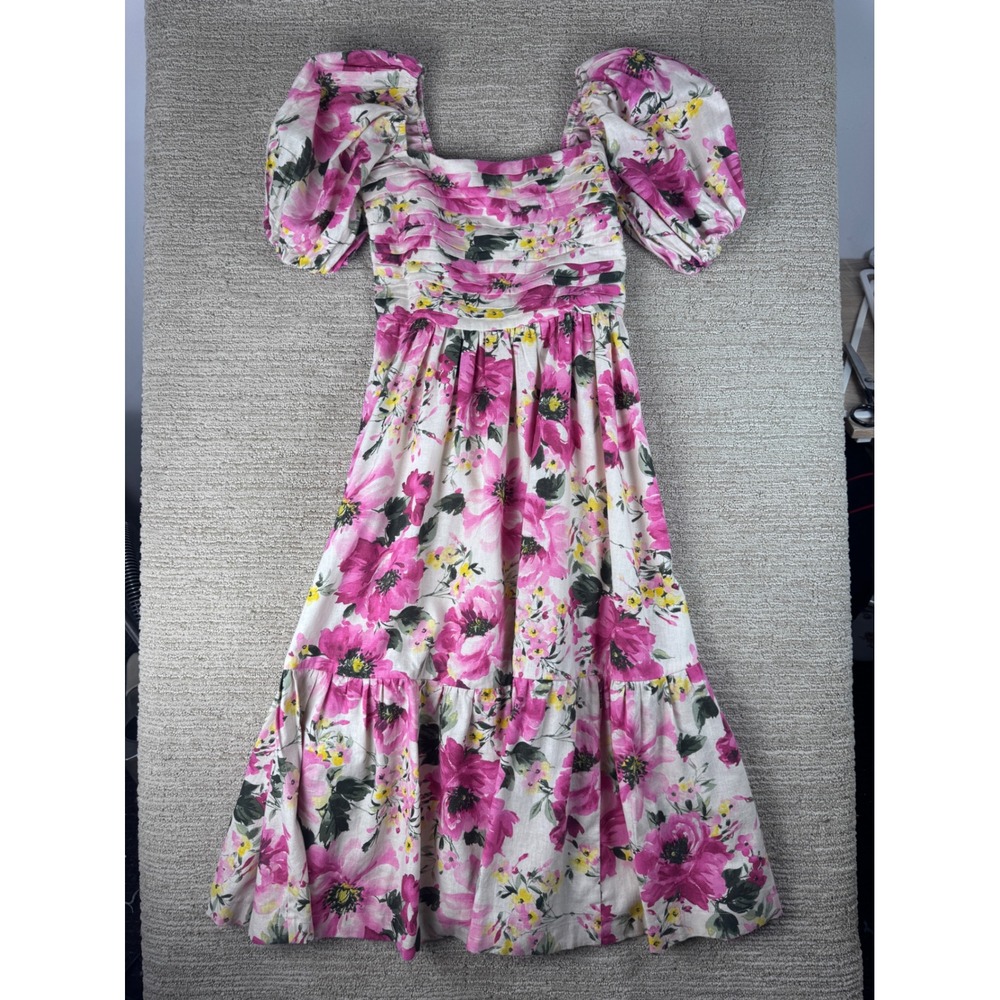 Floral Linen Blend Puff Sleeve Midi Dress Pink Yellow Smocked Back Pockets